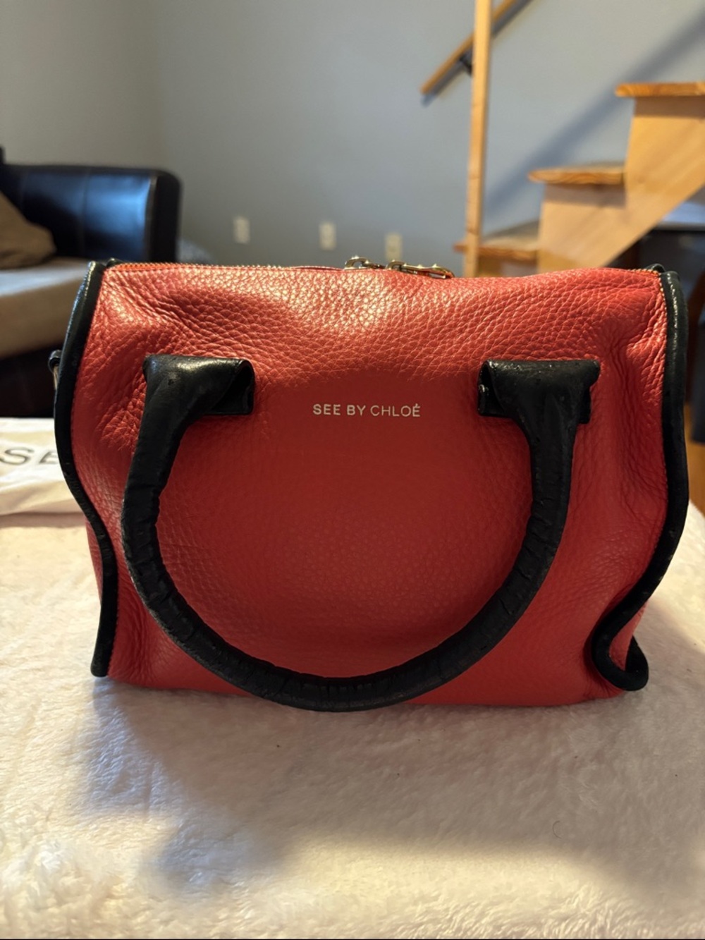 See By Chloe Red Pebbled Leather Satchel with Black Trim